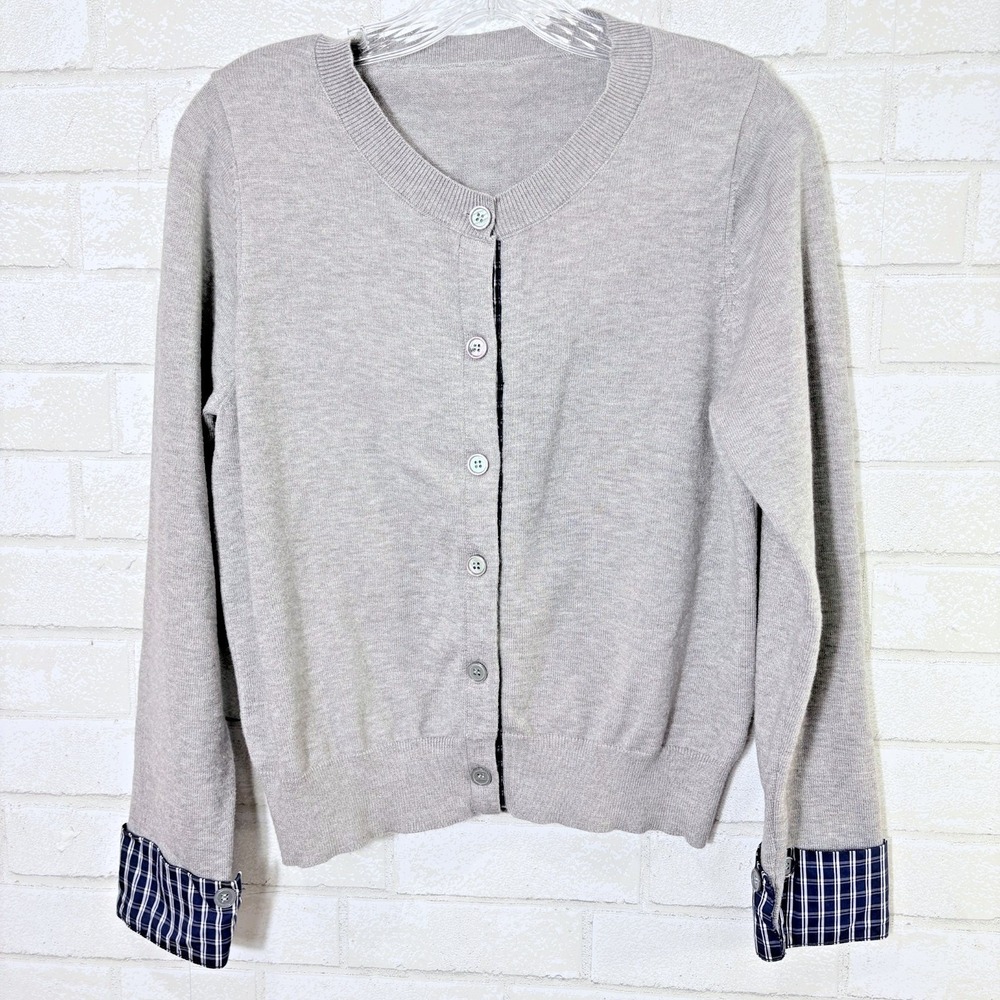 Dazy Gray Cardigan Plaid Cuff Women Large Preppy Academia Collegiate Ivy Capsule